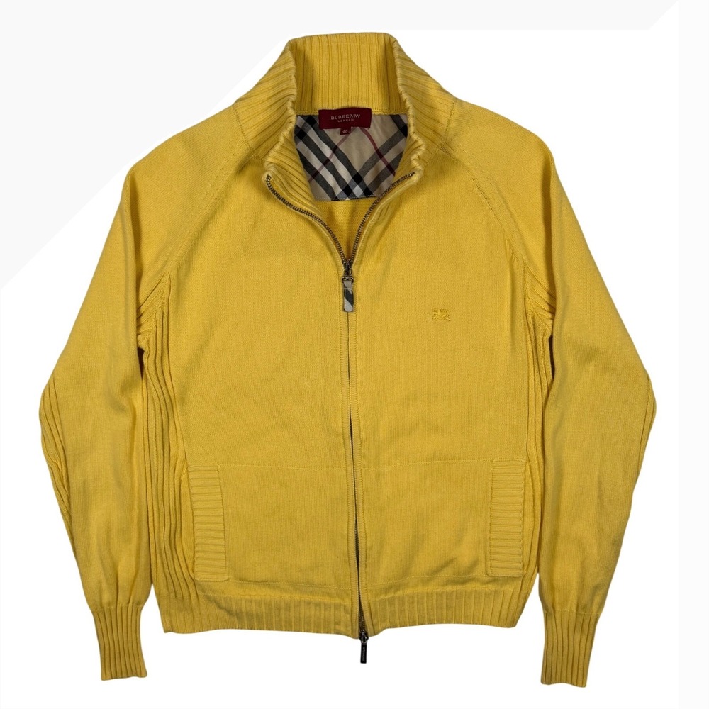 BURBERRY London Women's Yellow Cotton Full Zip Cardigan Sweater Size 46 (US 10)